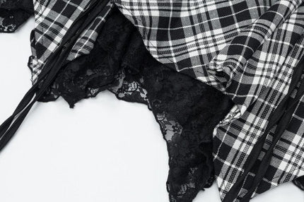 TALKLESSFASHION XPKAEAX Chic Vintage Lace Stitched Plaid Skirt Women's Spring New Contrast Irregular Cake Skirt