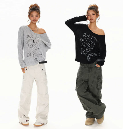 TALKLESSFASHION XPKAEAX Slightly Translucent Lightweight Letter Long Sleeve T-Shirt Women's 2025 Pre-Fall Loose Off-the-Shoulder Top American Slanted Shoulder Cover-Up