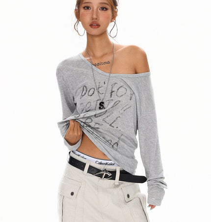 TALKLESSFASHION XPKAEAX Slightly Translucent Lightweight Letter Long Sleeve T-Shirt Women's 2025 Pre-Fall Loose Off-the-Shoulder Top American Slanted Shoulder Cover-Up