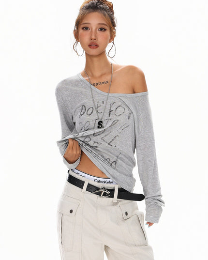 TALKLESSFASHION XPKAEAX Slightly Translucent Lightweight Letter Long Sleeve T-Shirt Women's 2025 Pre-Fall Loose Off-the-Shoulder Top American Slanted Shoulder Cover-Up