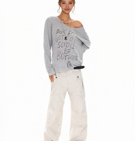 TALKLESSFASHION XPKAEAX Slightly Translucent Lightweight Letter Long Sleeve T-Shirt Women's 2025 Pre-Fall Loose Off-the-Shoulder Top American Slanted Shoulder Cover-Up