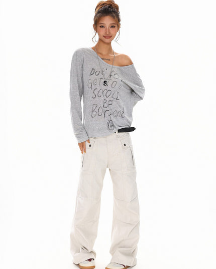 TALKLESSFASHION XPKAEAX Slightly Translucent Lightweight Letter Long Sleeve T-Shirt Women's 2025 Pre-Fall Loose Off-the-Shoulder Top American Slanted Shoulder Cover-Up