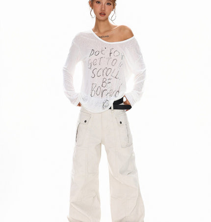 TALKLESSFASHION XPKAEAX Slightly Translucent Lightweight Letter Long Sleeve T-Shirt Women's 2025 Pre-Fall Loose Off-the-Shoulder Top American Slanted Shoulder Cover-Up