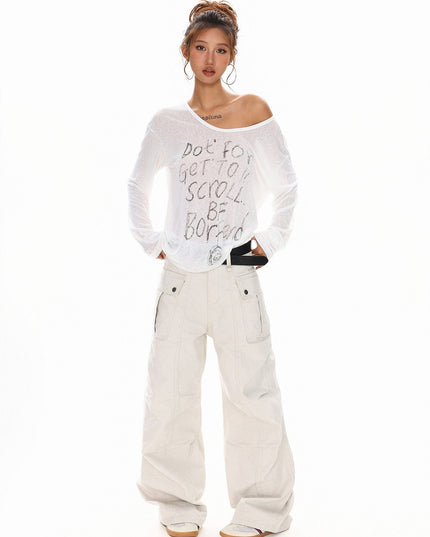 TALKLESSFASHION XPKAEAX Slightly Translucent Lightweight Letter Long Sleeve T-Shirt Women's 2025 Pre-Fall Loose Off-the-Shoulder Top American Slanted Shoulder Cover-Up