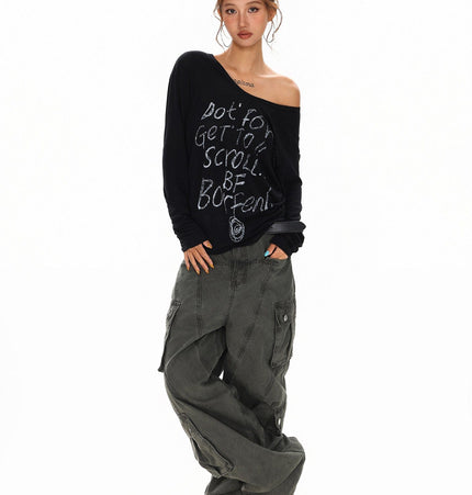 TALKLESSFASHION XPKAEAX Slightly Translucent Lightweight Letter Long Sleeve T-Shirt Women's 2025 Pre-Fall Loose Off-the-Shoulder Top American Slanted Shoulder Cover-Up