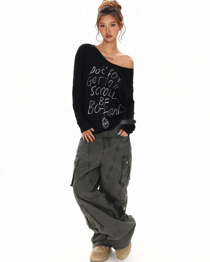 TALKLESSFASHION XPKAEAX Slightly Translucent Lightweight Letter Long Sleeve T-Shirt Women's 2025 Pre-Fall Loose Off-the-Shoulder Top American Slanted Shoulder Cover-Up