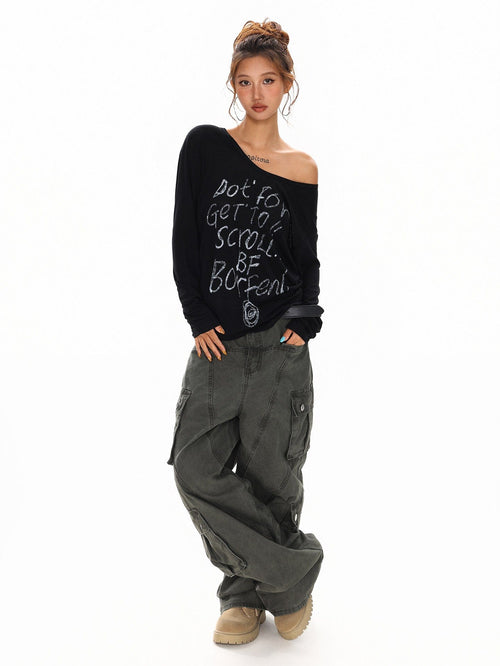 THETLSTUDIO XPKAEAX Slightly Translucent Lightweight Letter Long Sleeve T-Shirt Women's 2025 Pre-Fall Loose Off-the-Shoulder Top American Slanted Shoulder Cover-Up