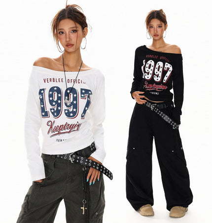 TALKLESSFASHION XPKAEAX Spice Girl Style American High Street Slim Long Sleeve T-Shirt Women's New Off-the-Shoulder Slimming Top for Fall 2025