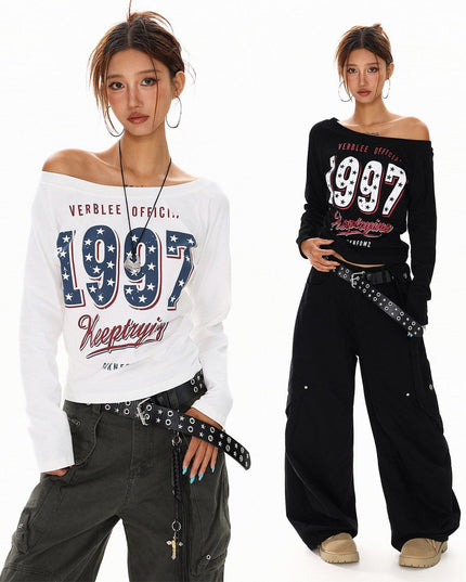 TALKLESSFASHION XPKAEAX Spice Girl Style American High Street Slim Long Sleeve T-Shirt Women's New Off-the-Shoulder Slimming Top for Fall 2025