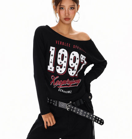 TALKLESSFASHION XPKAEAX Spice Girl Style American High Street Slim Long Sleeve T-Shirt Women's New Off-the-Shoulder Slimming Top for Fall 2025