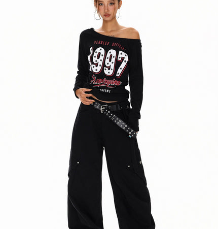TALKLESSFASHION XPKAEAX Spice Girl Style American High Street Slim Long Sleeve T-Shirt Women's New Off-the-Shoulder Slimming Top for Fall 2025