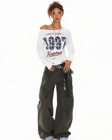 TALKLESSFASHION XPKAEAX Spice Girl Style American High Street Slim Long Sleeve T-Shirt Women's New Off-the-Shoulder Slimming Top for Fall 2025