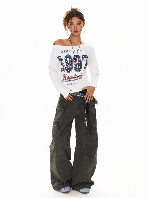 THETLSTUDIO XPKAEAX Spice Girl Style American High Street Slim Long Sleeve T-Shirt Women's New Off-the-Shoulder Slimming Top for Fall 2025