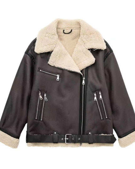 TALKLESSFASHION XS / 058 Brown Five Zippers Foreign trade large version of European and American cross-border belt zipper composite jacket thickened windproof and waterproof fur integrated jacket