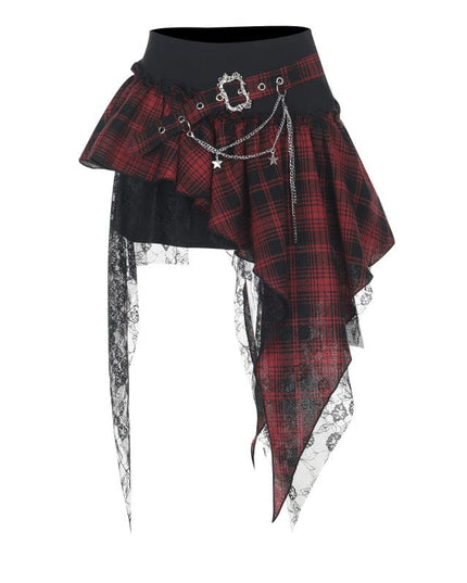 TALKLESSFASHION XS25091 irregular plaid lace patchwork skirt The new plaid versatile and comfortable dark dress for summer