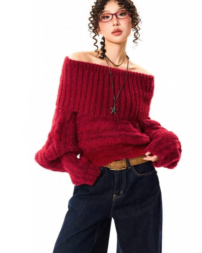 TALKLESSFASHION YOUNG Encore Red Atmosphere Red Sweater Women's Winter Retro Hot Girl Short One-Shoulder Top