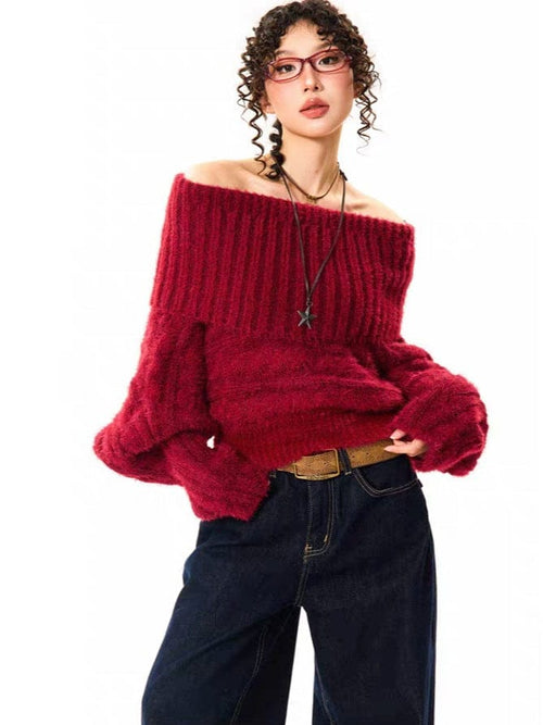 THETLSTUDIO YOUNG Encore Red Atmosphere Red Sweater Women's Winter Retro Hot Girl Short One-Shoulder Top